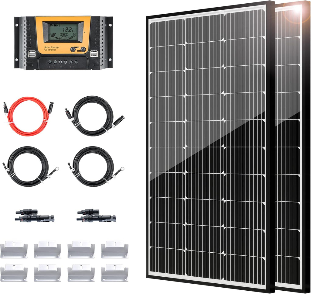 JJN 200 Watt Solar Panel Kit 12V Solar Panels with 30A PWM 12V/24V Charge Controller 2 Pair 10BB Solar Panel Cables Connectors Brackets for RV Boats Marine Home Off-Grid System [New Version]