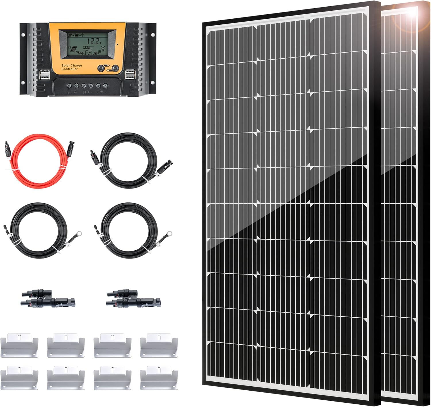 JJN 200 Watt Solar Panel Kit 12V Solar Panels with 30A PWM 12V/24V Charge Controller 2 Pair 10BB Solar Panel Cables Connectors Brackets for RV Boats Marine Home Off-Grid System [New Version]