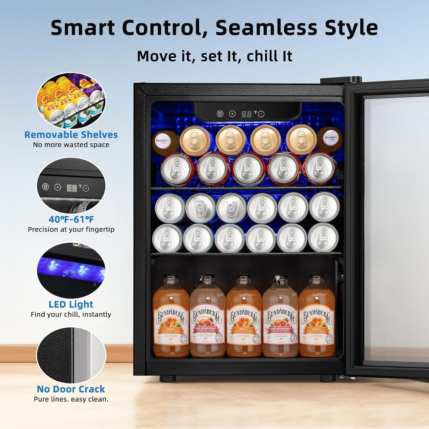 Antarctic Star 1.7 Cu.Ft Beverage Refrigerator 68 Can or 16 Bottle Capacity with Seamless Glass Door, Digital Control & Quiet Compressor, Freestanding Mini Fridge for Bar, Kitchen, Office - Silver