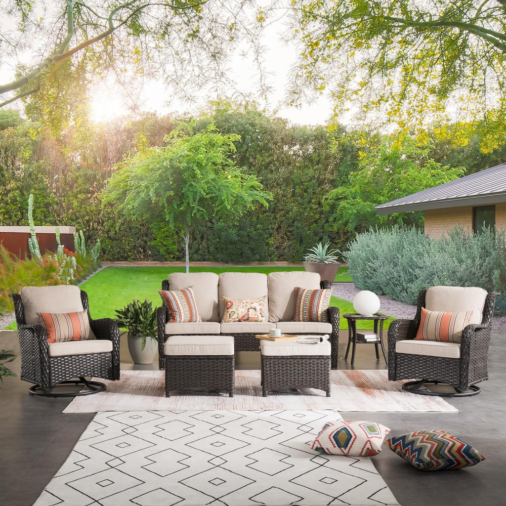 ovios 7 Pieces Patio Furniture Set with Swivel Rocking Chairs, Outdoor Wicker Sofa Couch Glass Coffee Table, All Weather High Back Modern Conversation Set, Brown Rattan, Beige