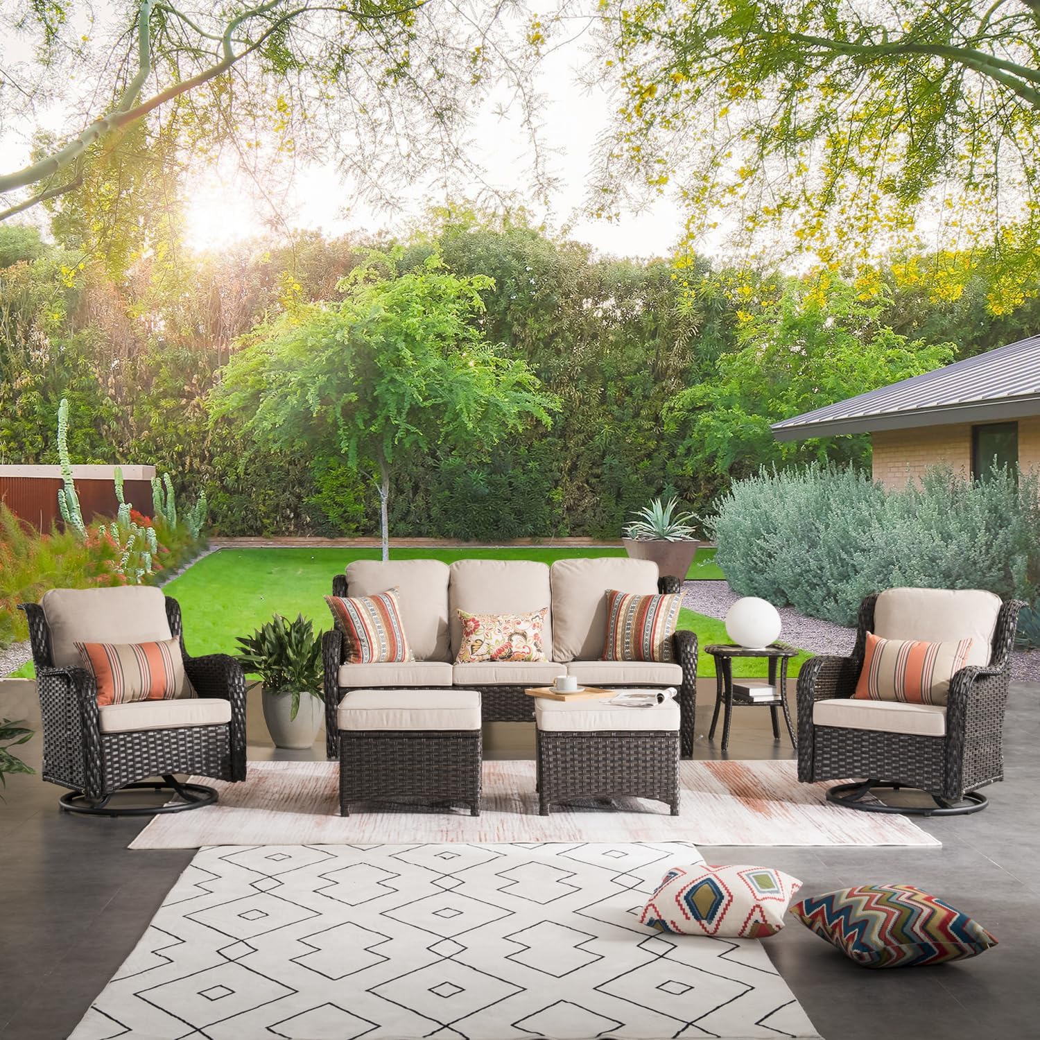 ovios 7 Pieces Patio Furniture Set with Swivel Rocking Chairs, Outdoor Wicker Sofa Couch Glass Coffee Table, All Weather High Back Modern Conversation Set, Brown Rattan, Beige