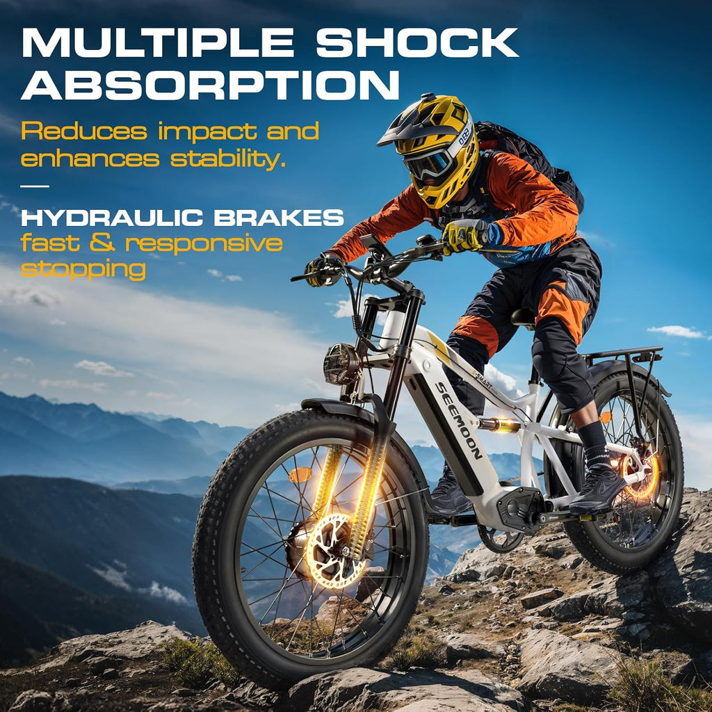 Seemoon Electric Bike for Adults, 52V 20Ah 26' Fat Tire Fast Ebike, up to 100 Miles, Hydraulic Brakes, Off-Road Mountain Hunting AWD Ebike for Men (White&Orange)