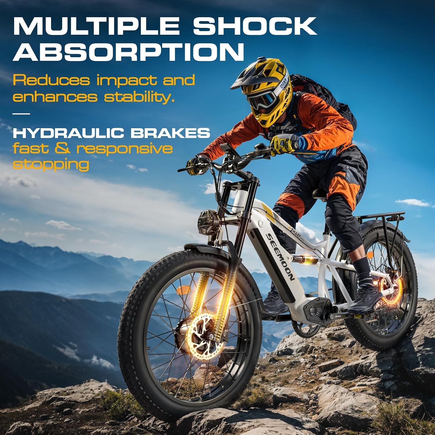 Seemoon Electric Bike for Adults, 52V 20Ah 26' Fat Tire Fast Ebike, up to 100 Miles, Hydraulic Brakes, Off-Road Mountain Hunting AWD Ebike for Men (White&Orange)