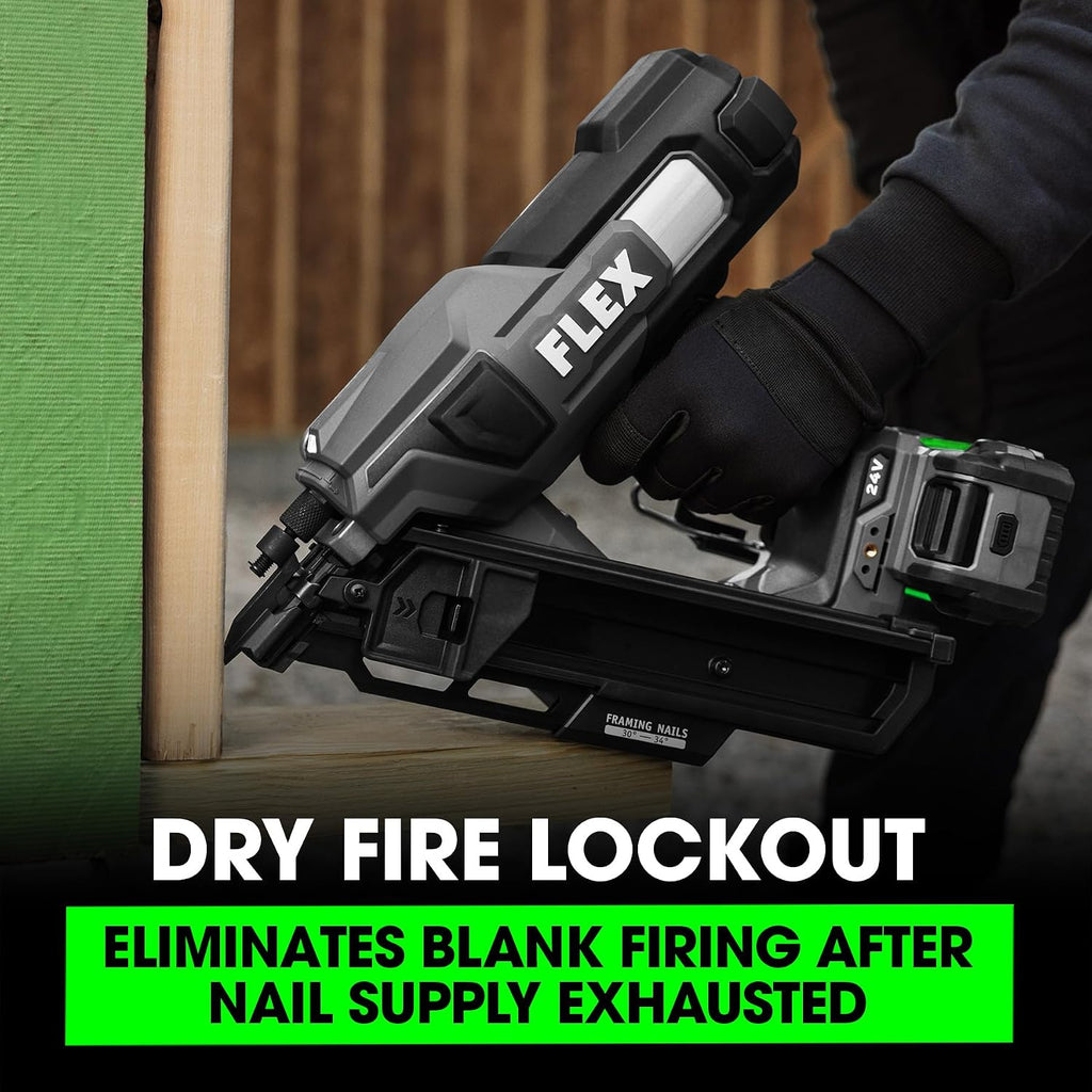 FLEX 24V Brushless 30° Framing Nailer Kit, Zero Ramp-up Time, 3 Nails/Sec, Ideal for Framing, Sheathing and Decking, w/ 5.0Ah Lithium Battery & 160W Fast Charger - FX4351B-1C
