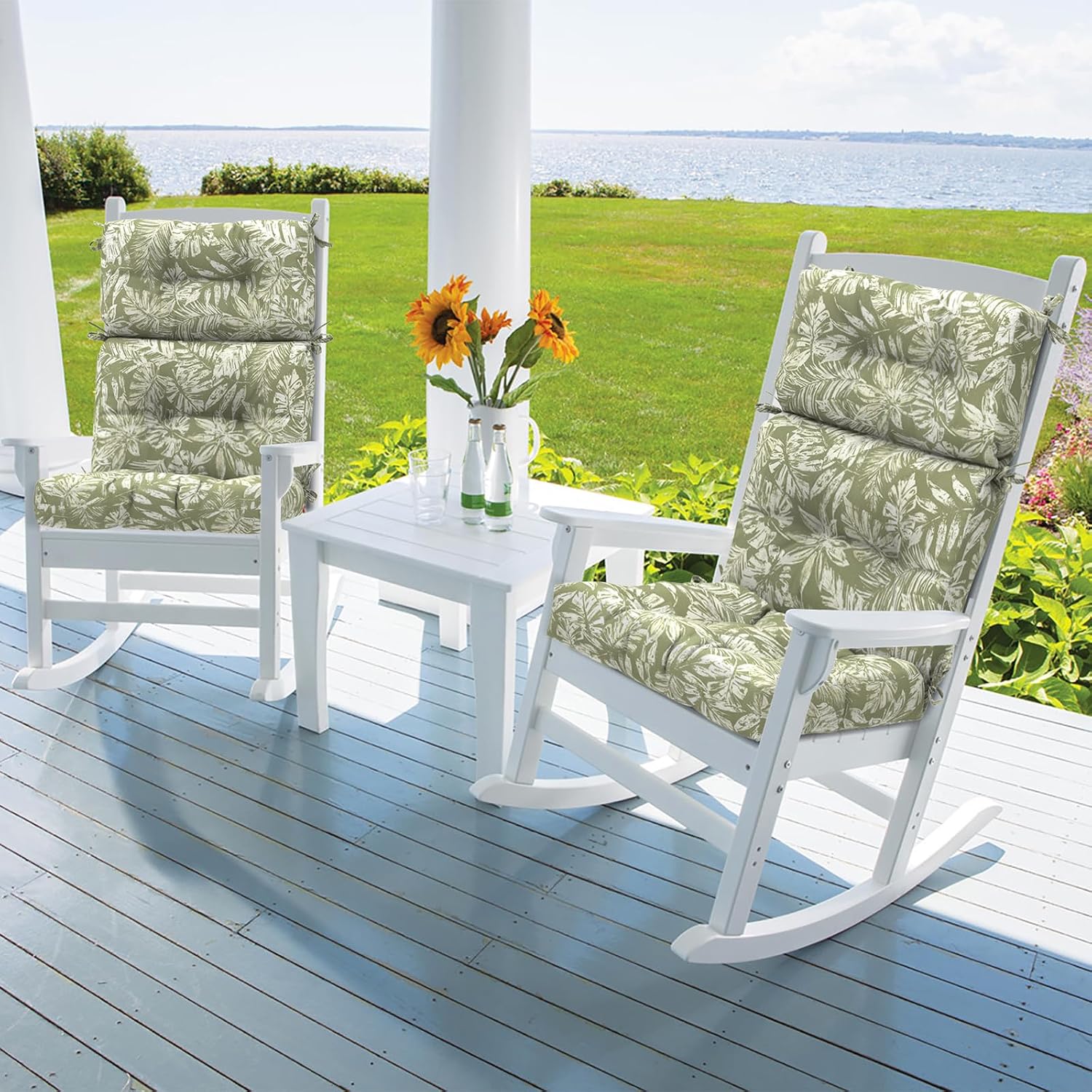 DYTXIII Outdoor High Back Chair Cushions Set of 2, Water Repellent Tufted Rocking Seat Cushions Replacement 44 x 22 Inch, Seat & Back Chair Pads for Patio, Balcony and Indoor Use -Tropical Leaf Green