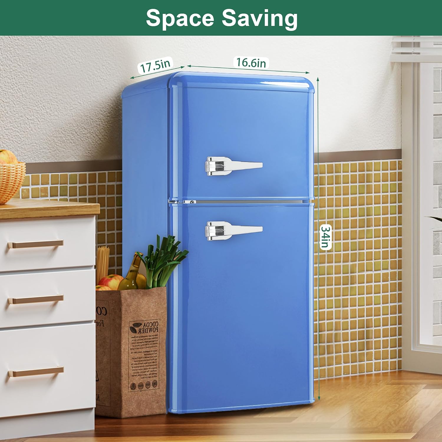 Retro Mini Fridge with Freezer 4.0 Cu. Ft, Small Refrigerator with 7 Level Adjustable Thermostat, Compact Classic Dual Door Fridge Removable Glass Shelves for Apartments, Dorm, Office, Blue