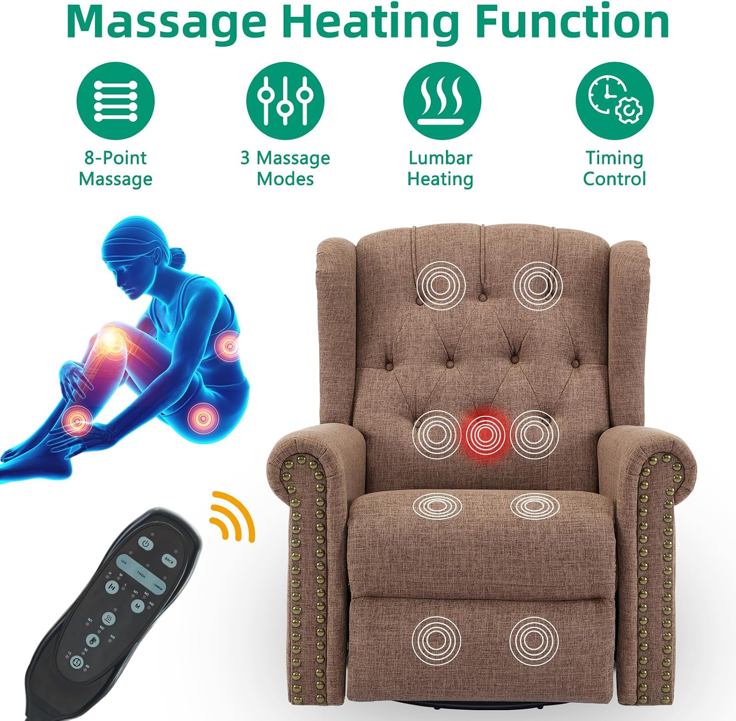 VIVIJASON Power Swivel Rocking Recliner Chair with Massage & Heat, Electric Rocker Nursery Glider Chair, Wingback Tufted Upholstered Recliner W/Type-C & USB Ports for Living Room, Bedroom, Brown