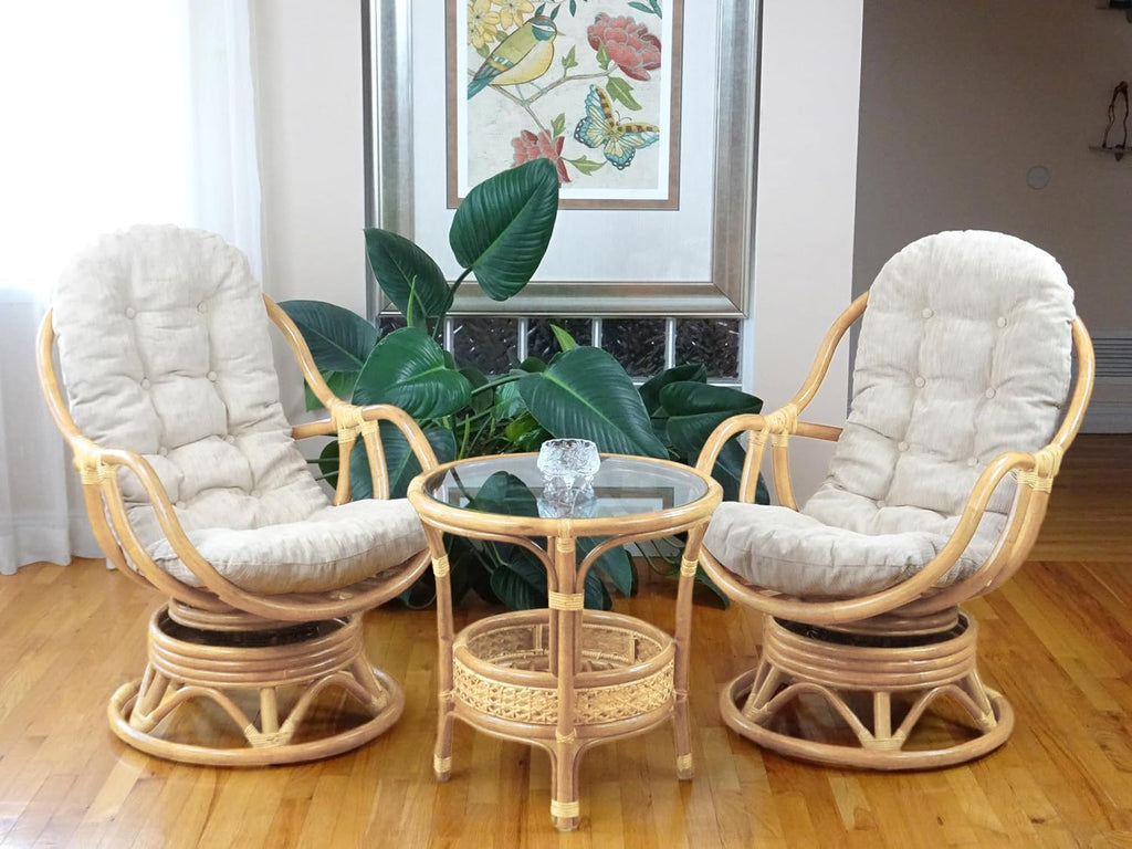 Bali Lounge Swivel Rocking Chair with Cream Cushion Natural Rattan Wicker Handmade, Natural Color