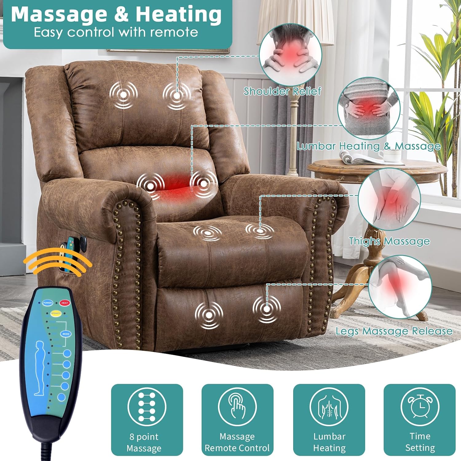 MEETWARM Large Power Lift Electric Recliner Chair for Elderly with Massage and Heat, Overstuffed Wide Recliner, Heavy Duty Sofa for Living Room with 2 Remote Control/USB Ports/Side Pockets(Brown)