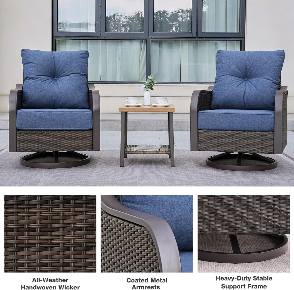 Outdoor Swivel Rocker Chairs, Wicker Swivel Rocking Chairs with 6'' Thick Cushions and Side Coffee Table, 3 Piece Patio Furniture Set for Balcony, Porch, Deck, Poolside, Navy Blue