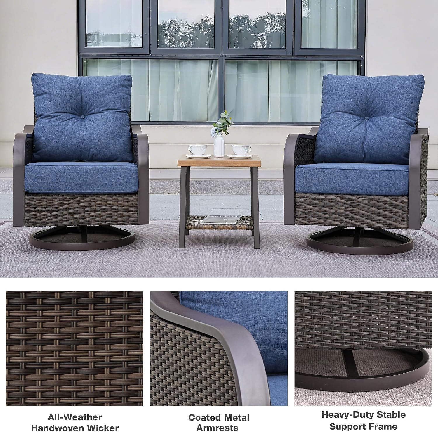 Outdoor Swivel Rocker Chairs, Wicker Swivel Rocking Chairs with 6'' Thick Cushions and Side Coffee Table, 3 Piece Patio Furniture Set for Balcony, Porch, Deck, Poolside, Navy Blue