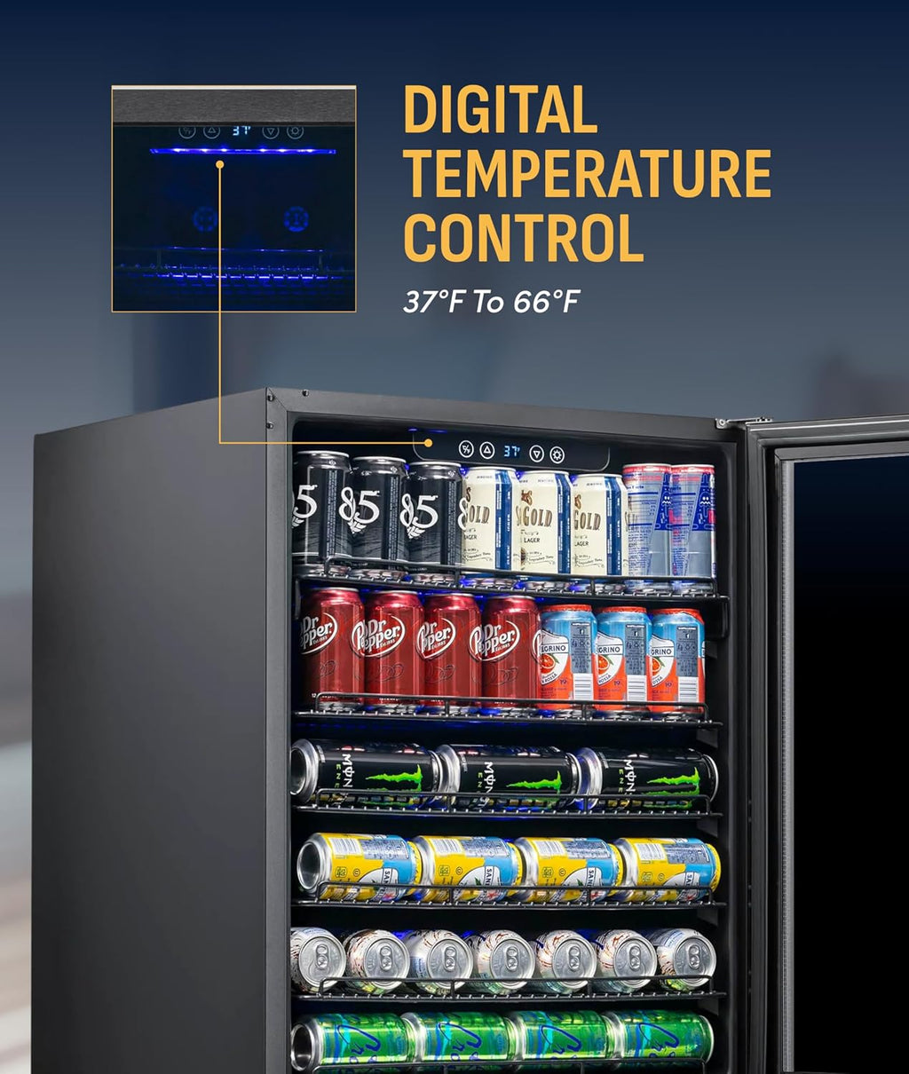 NewAir Beverage Refrigerator with Glass Door | 177 Can Mini Fridge for Bedroom, Dorm, Office, or Gaming Setup | Soda, Beer, and Wine Cooler | Black Stainless Steel