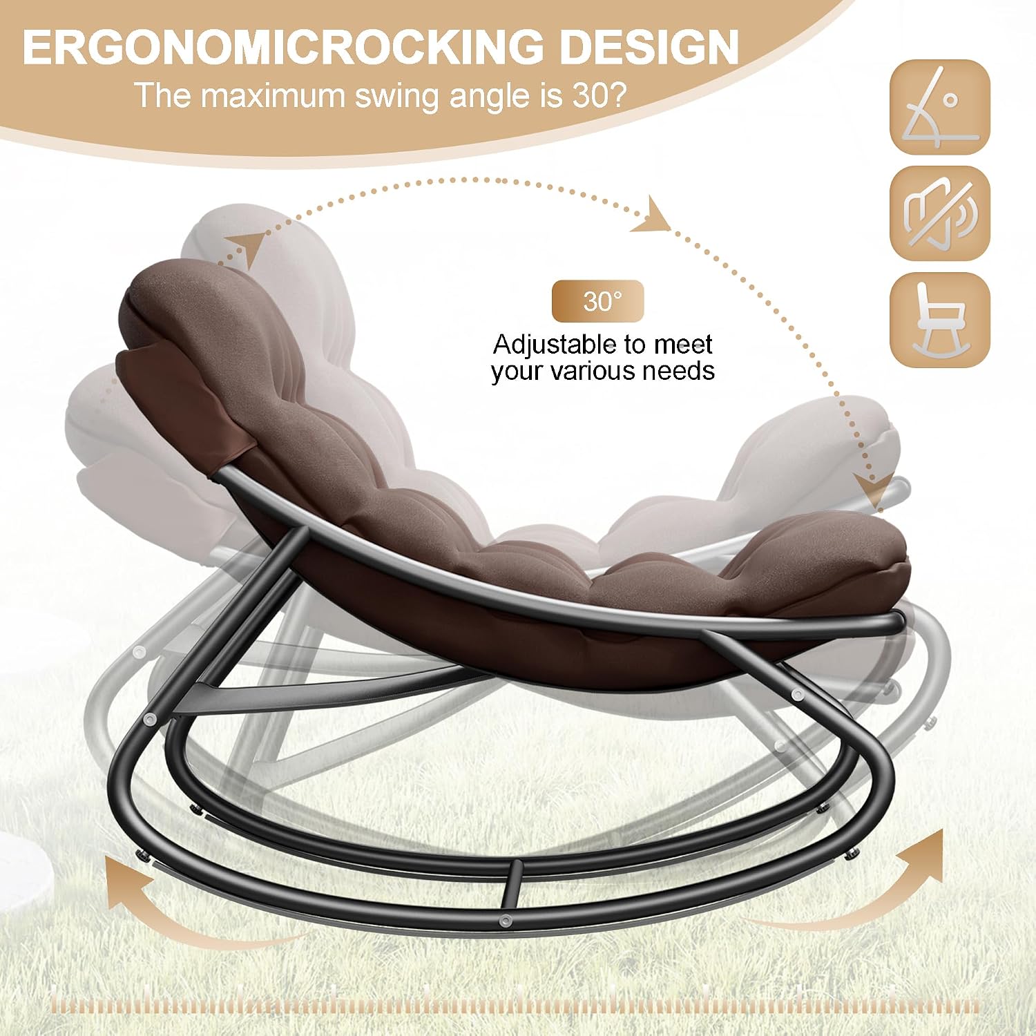 Outdoor Rocking Chair, Oversized Patio Papasan Rocking Chair with Cushion, Modern Comfy Lounge Rocker Chairs for Indoor Balcony Porch (Brown)