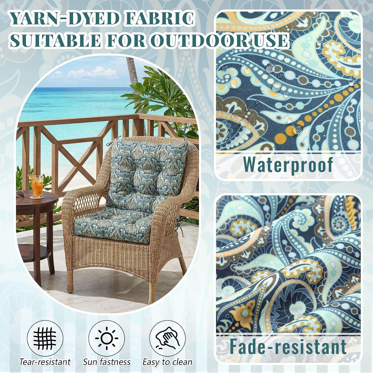 Marsui 4 Pcs Outdoor Indoor High Back Chair Cushions Patio Furniture Tufted Pillow with Ties Water-Resistant Replacement Outdoor Rocking Chair Cushions, 42 x 21 Inches (Blue,Paisley)