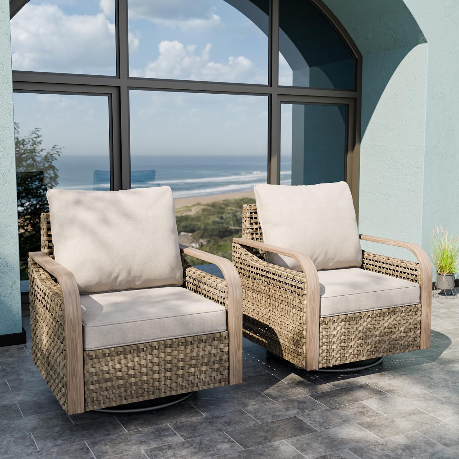 Modern Wicker Outdoor Swivel Rocking Chair, Rattan Glider Rocker with Streamlined Armrest, 2 Piece Patio Chairs for Backyard, Deck, Porch, Garden, Brown/Gray