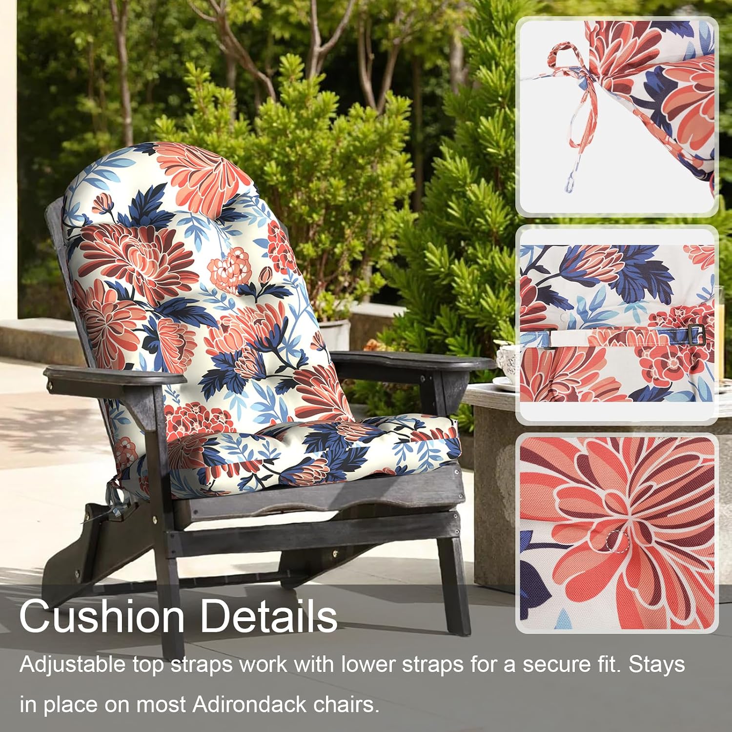LVTXIII 2 Pack Outdoor Adirondack Chair Cushions, 44x19x4 Inch Water Repellent Patio Cushions for Rocking Chairs, Thick Tufted High Back Seat Cushion Set, Vibrant Blossom