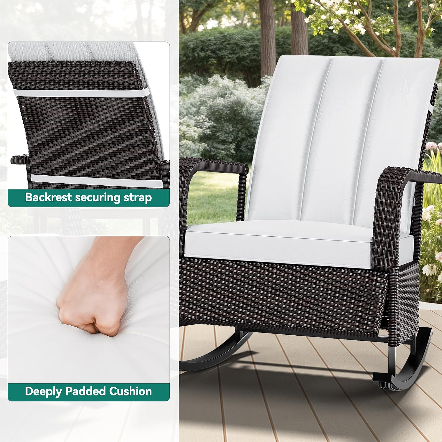 YITAHOME Outdoor Rocking Chair Set of 2, Wicker Lounge Chairs with Adjustment Backrest, PE Rattan Patio Recliner Chair with Adjustable Footrest and Soft Cushions, Ideal for Garden Backyard Porch Patio