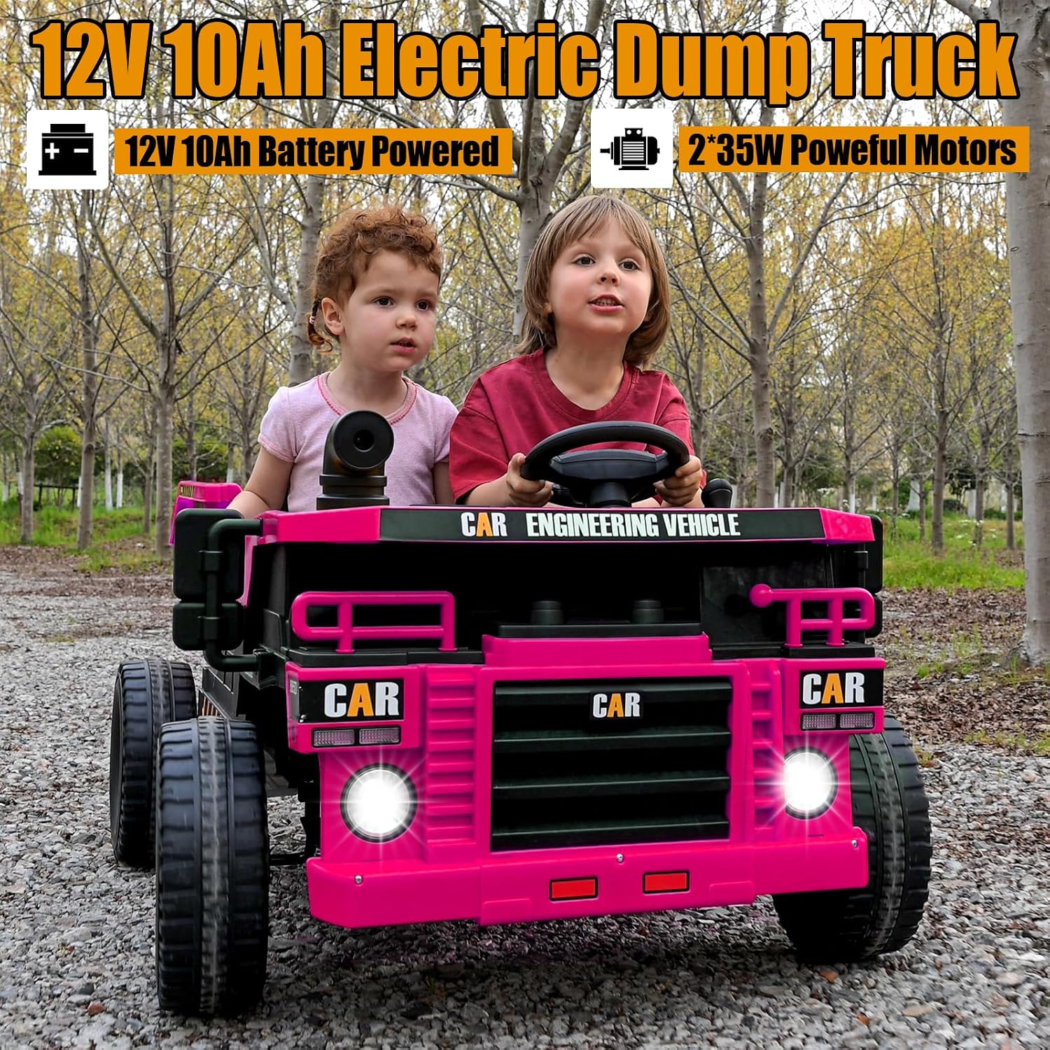 12V 10AH 2-Seater Kids Ride on Truck Electric Toy Car with Electric Dump Bed, Parents Remote Control Kids Car Tractor Toys Ride-on Dump Truck for Boys and Girls Ages 3+, Pink