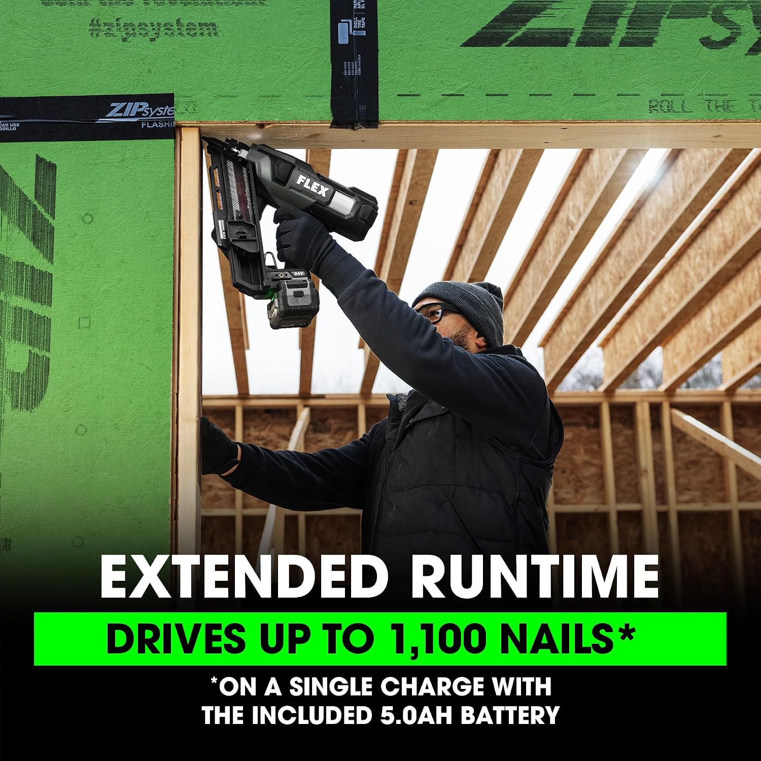 FLEX 24V Brushless 30° Framing Nailer Kit, Zero Ramp-up Time, 3 Nails/Sec, Ideal for Framing, Sheathing and Decking, w/ 5.0Ah Lithium Battery & 160W Fast Charger - FX4351B-1C