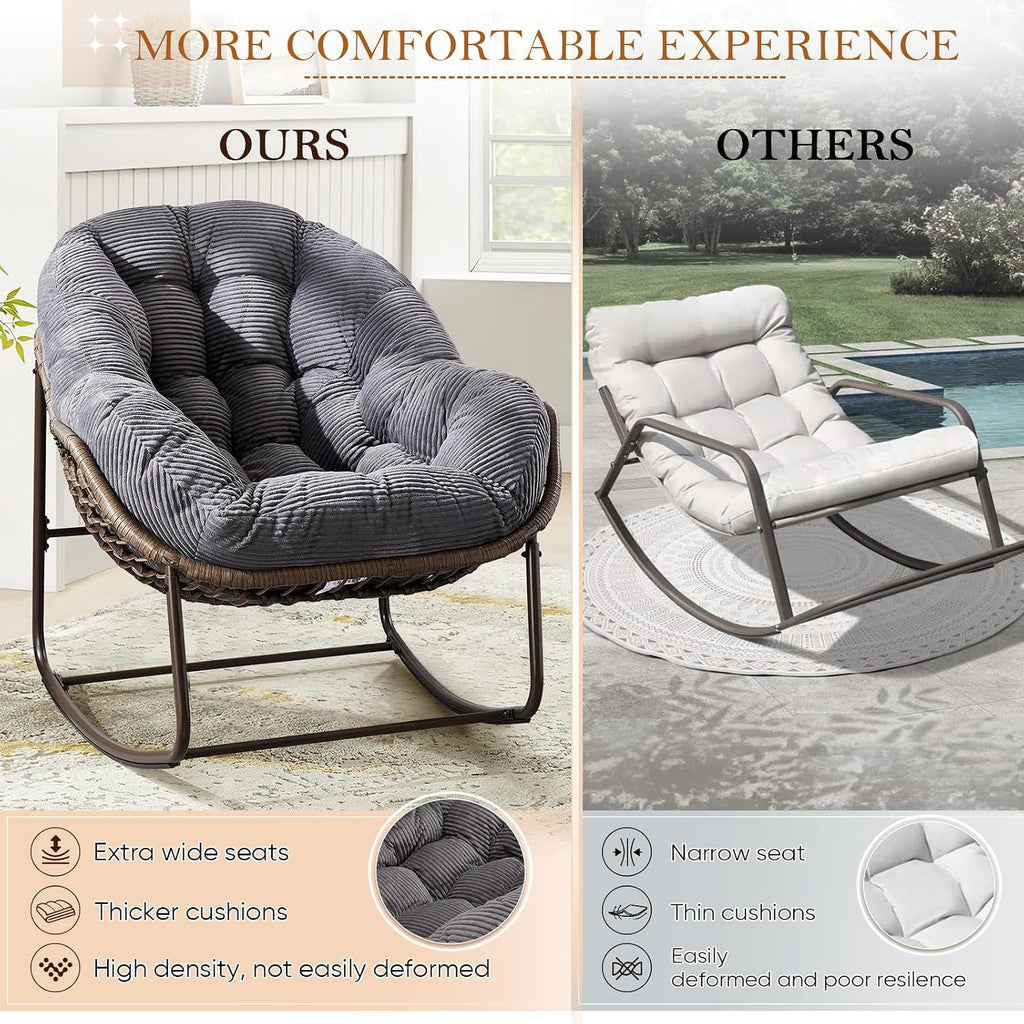 Outdoor Indoor Rocking Chair with Padded Cushion, Oversized Patio Papasan Rocking Egg Chair, All Weather Wicker Egg Rocking Chair, Comfy Large Rattan Rocker Lounge Chair for Front Porch,Garden, Patio