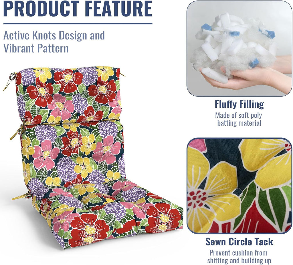 Outdoor High Back Patio Chair Cushions, Fade Resistant & Waterproof Tufted Seat and Back Cushions for Patio Furniture, Patio Chair Cushions 44x22 Inch, Set of 2, Flower Bloom