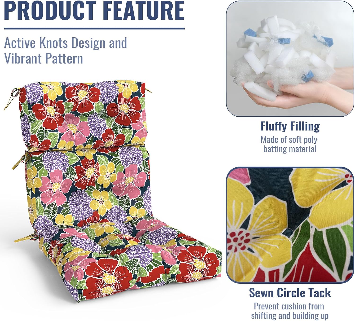 Outdoor High Back Patio Chair Cushions, Fade Resistant & Waterproof Tufted Seat and Back Cushions for Patio Furniture, Patio Chair Cushions 44x22 Inch, Set of 2, Flower Bloom