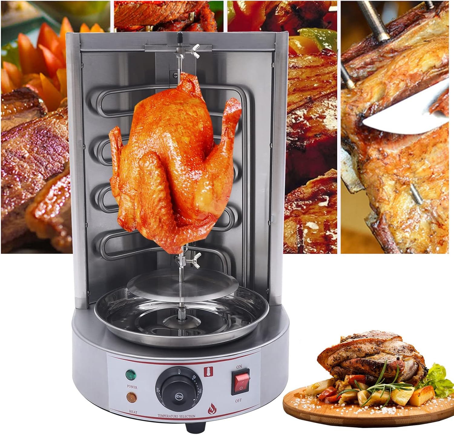 Electric Kebab Machine Grill, Electric Shawarma Grill Machine 60 ° Rotating Vertical Rotisserie Oven Rotating Barbecue Grill with 50-300 °C Temperature Adjustment Switch for Commercial and Home
