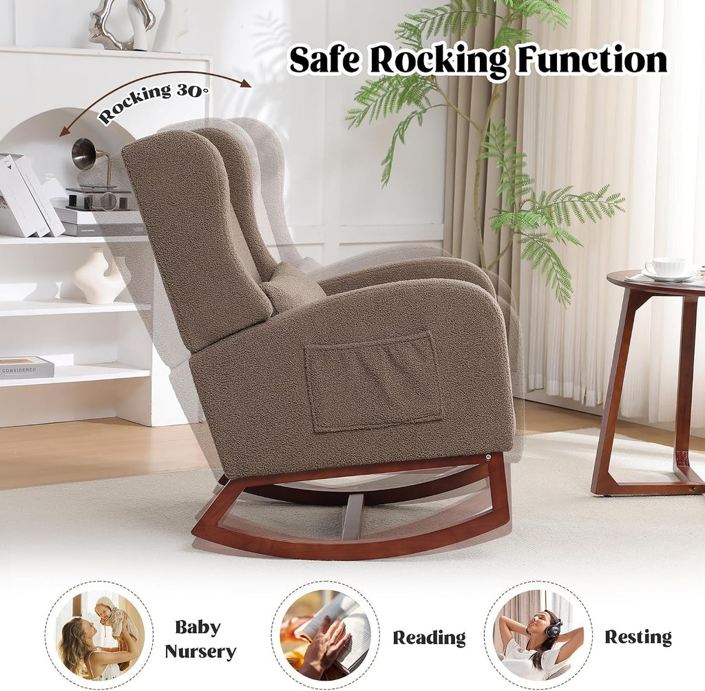 HCHAIRH Rocking Chair with Foot Rest, Teddy Wingback Nursery Rocking Chairs, Nursing Glider Rocker Chair with Pillow and High Back for Nursery, Living Room, Bedroom