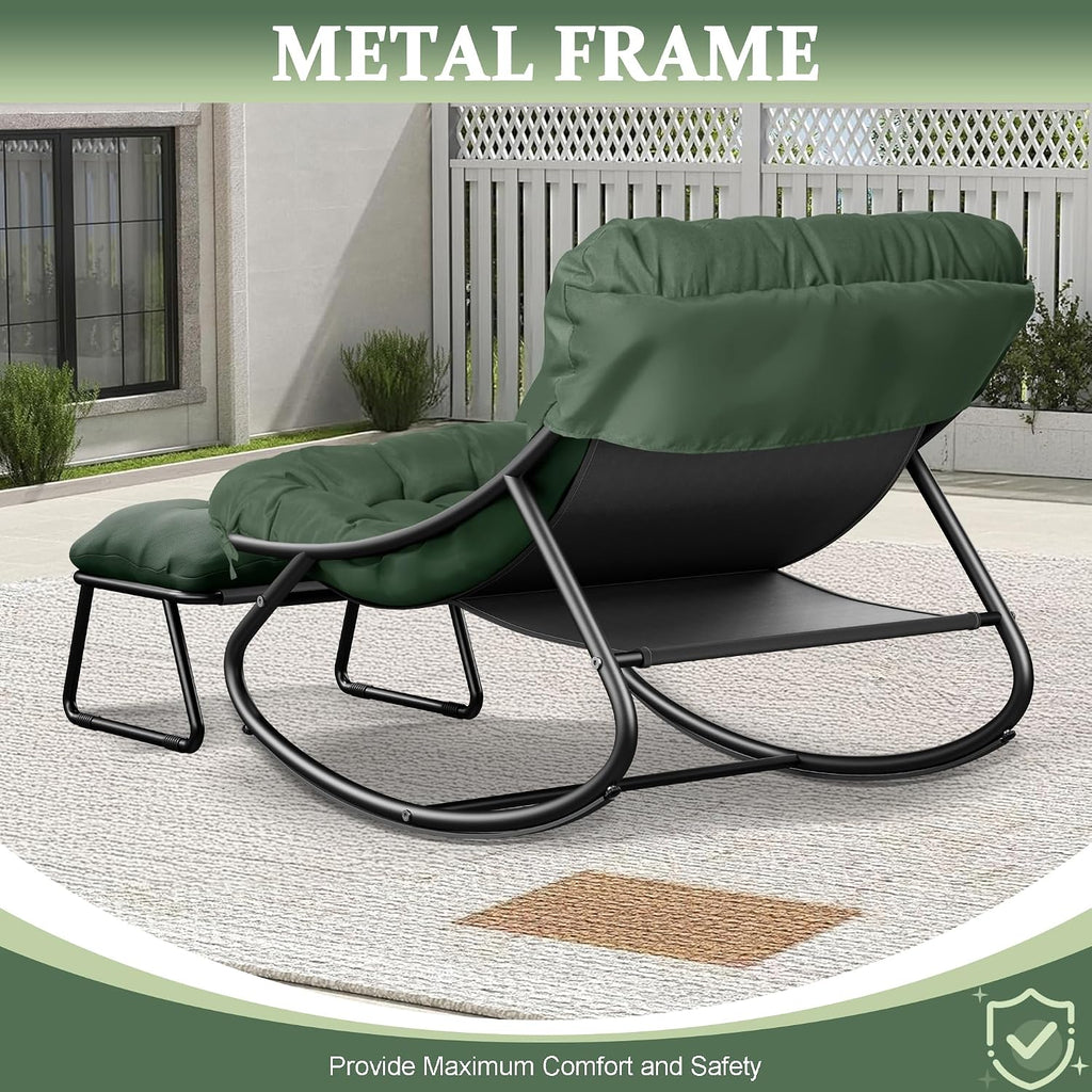 Outdoor Rocking Chair with Footstool, Oversized Patio Rocker with Deep Seat Thick Cushion, Rrocking Chairs for Bedroom, Living Room, Porch, Garden, Lawn (Green)