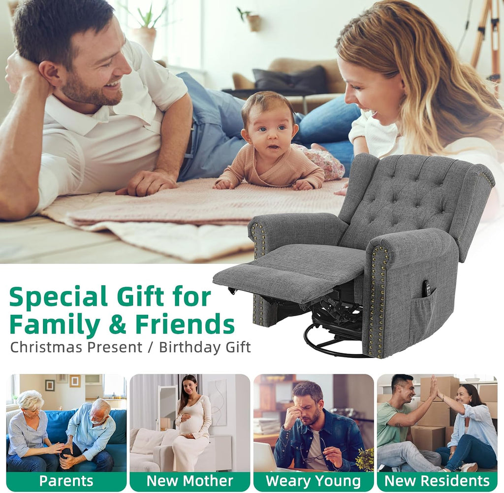 VIVIJASON Power Swivel Rocking Recliner Chair with Massage & Heat, Electric Rocker Glider Chair for Nursery, Wingback Tufted Upholstered Recliner W/Type-C & USB Ports for Living Room, Bedroom, Grey
