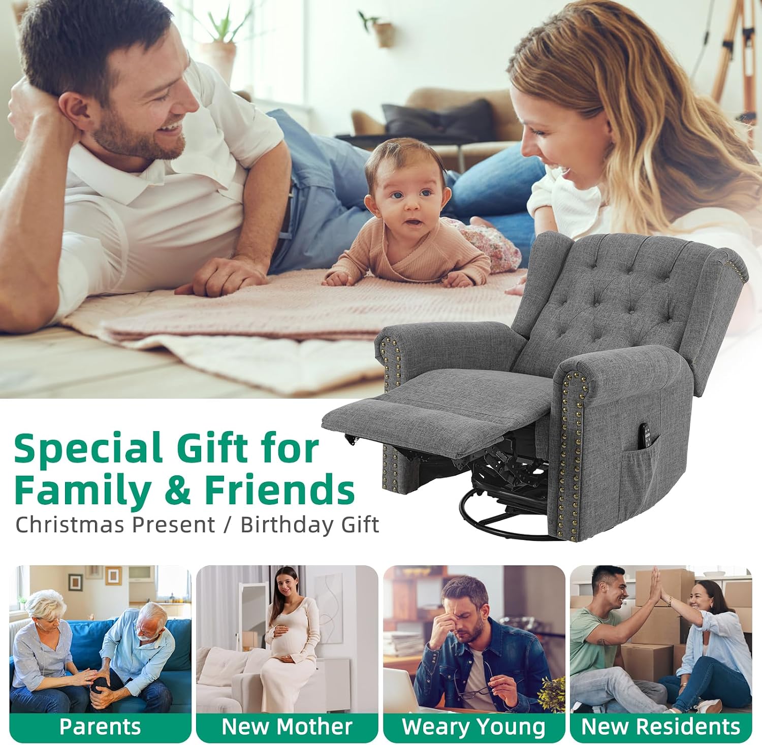 VIVIJASON Power Swivel Rocking Recliner Chair with Massage & Heat, Electric Rocker Glider Chair for Nursery, Wingback Tufted Upholstered Recliner W/Type-C & USB Ports for Living Room, Bedroom, Grey