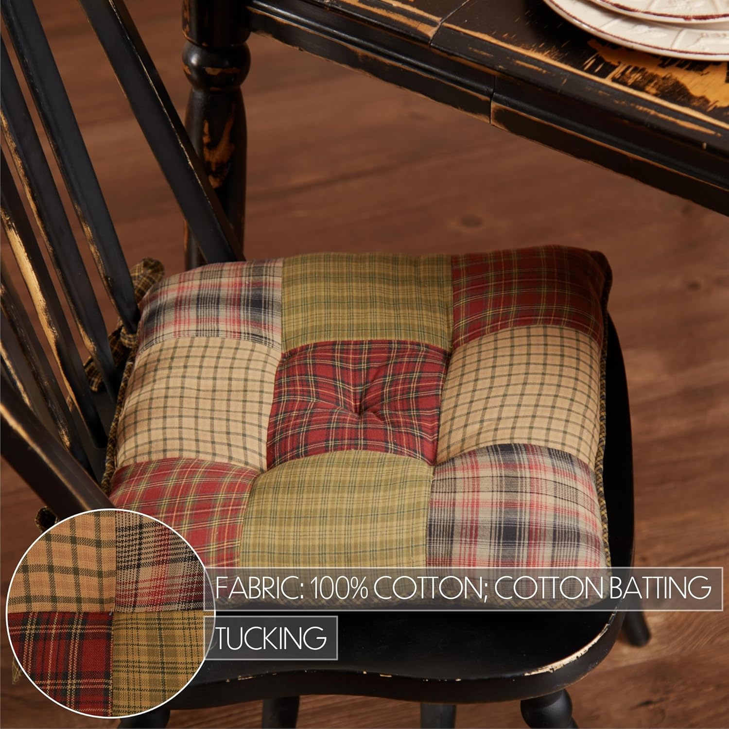 VHC Brands Tea Cabin Chair Pad Patchwork Log Cabin Country Rustic Lodge Design, Moss Green and Deep Red, Set of 6
