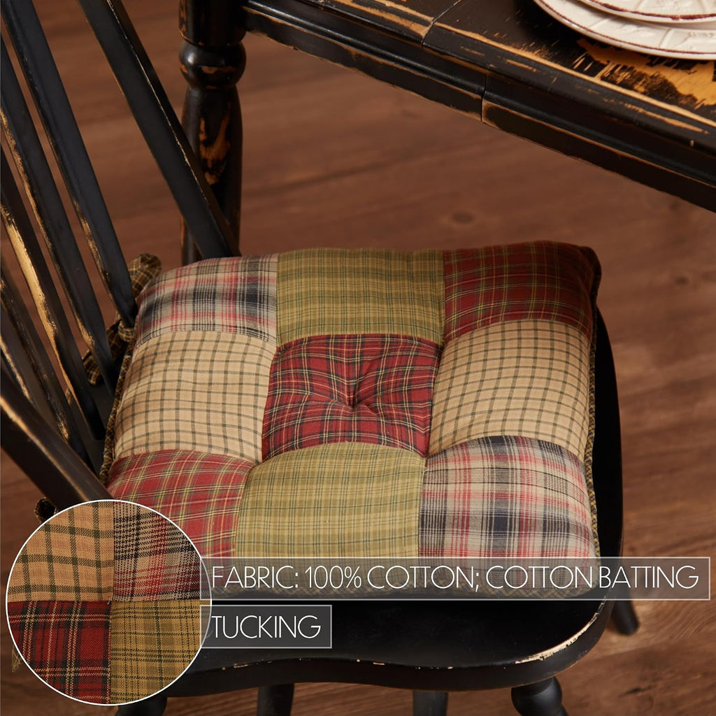 VHC Brands Tea Cabin Chair Pad Patchwork Log Cabin Country Rustic Lodge Design, Moss Green and Deep Red, Set of 8
