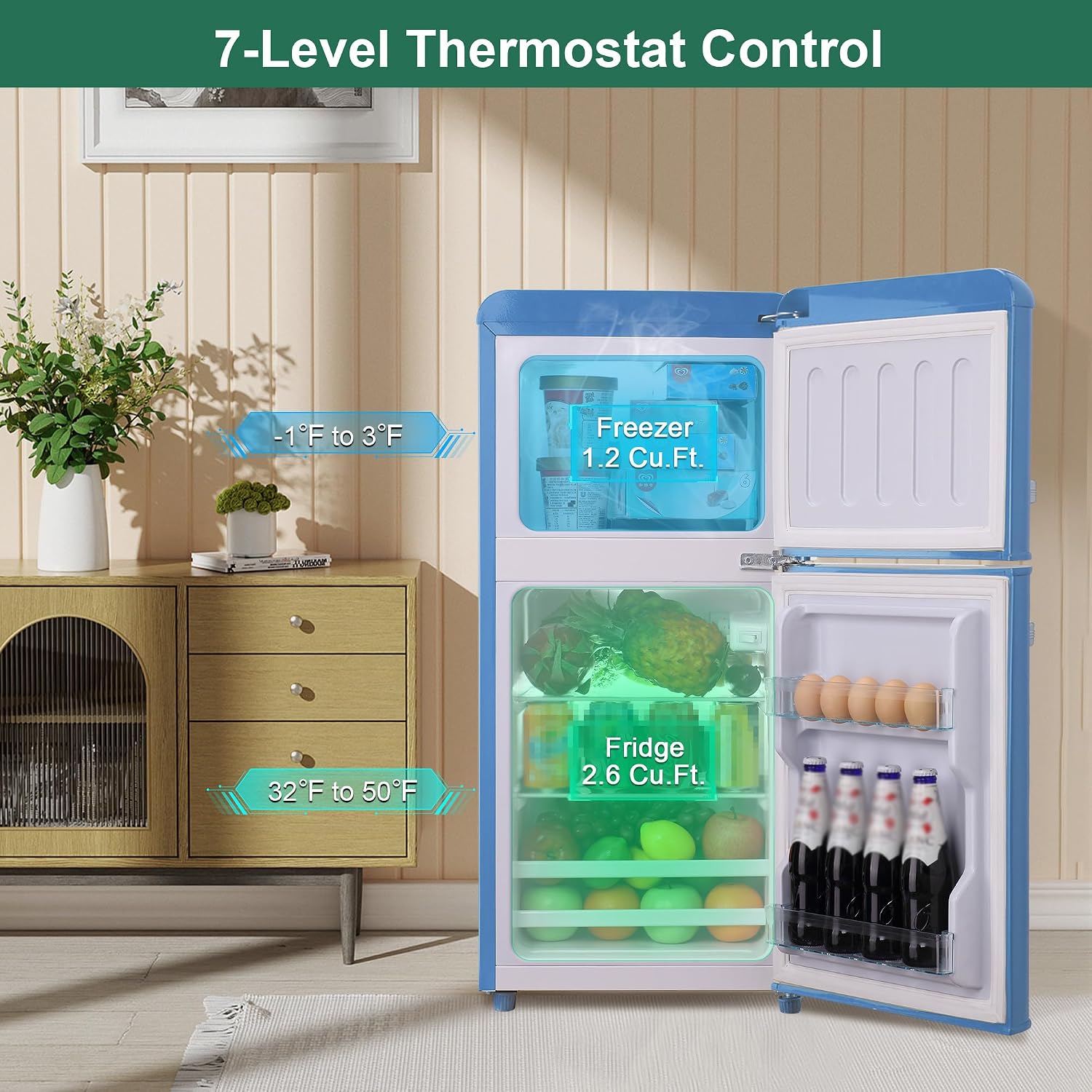Retro Mini Fridge with Freezer 4.0 Cu. Ft, Small Refrigerator with 7 Level Adjustable Thermostat, Compact Classic Dual Door Fridge Removable Glass Shelves for Apartments, Dorm, Office, Blue