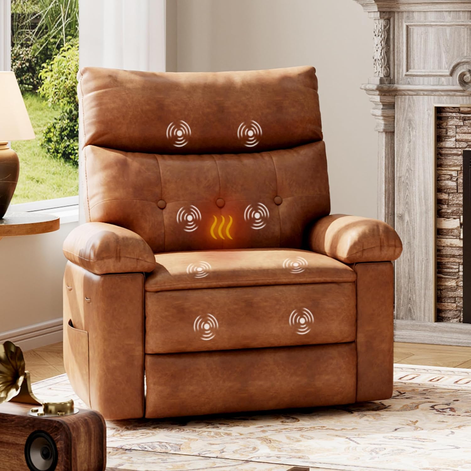 GarveeHome Leather Recliner Chair - Heat and Massage, Swivel Rocker Manual Recliner for Adults, Lazy Rocking Chair with Comfort Arms and Back Single Sofa for Living Room