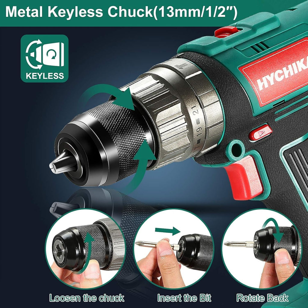HYCHIKA Cordless Hammer Drill Driver 18V,180W Rotary Tool,2-Tool Power Tool Set Combo Kit