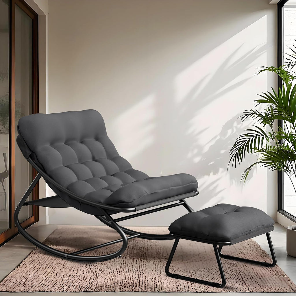 Outdoor Papasan Rocking Chair with Cushion, Oversized Rocking Chair with Ottoman, Modern Cozy Lounge Rocker Chair, Comfy Egg Chairs for Indoor Balcony Porch Patio, Grey