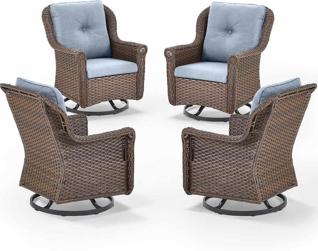 Patio Chairs Outdoor Swivel Glider - Set of 4 High Back Outside Brown Wicker Rattan Rocking Chair with Thick Cushion for Porch Apartment Deck Yard Poolside Garden - Baby Blue
