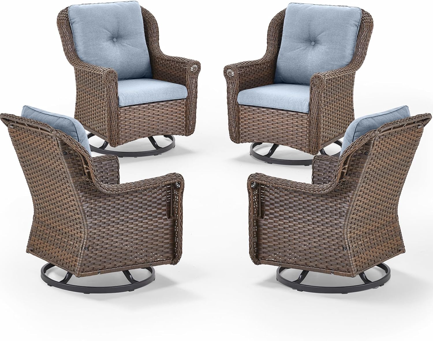 Patio Chairs Outdoor Swivel Glider - Set of 4 High Back Outside Brown Wicker Rattan Rocking Chair with Thick Cushion for Porch Apartment Deck Yard Poolside Garden - Baby Blue