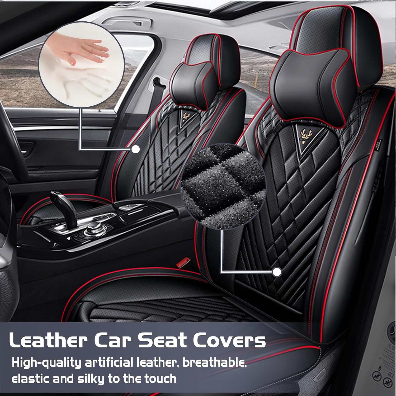 Car Seat Covers for Nissan Rogue 2008-2026, Waterproof Nappa Leather Full Set Seat Cover with Headrests, Anti-Slip and Comfortable Automotive Seat Protector&Accessories(Black Red)