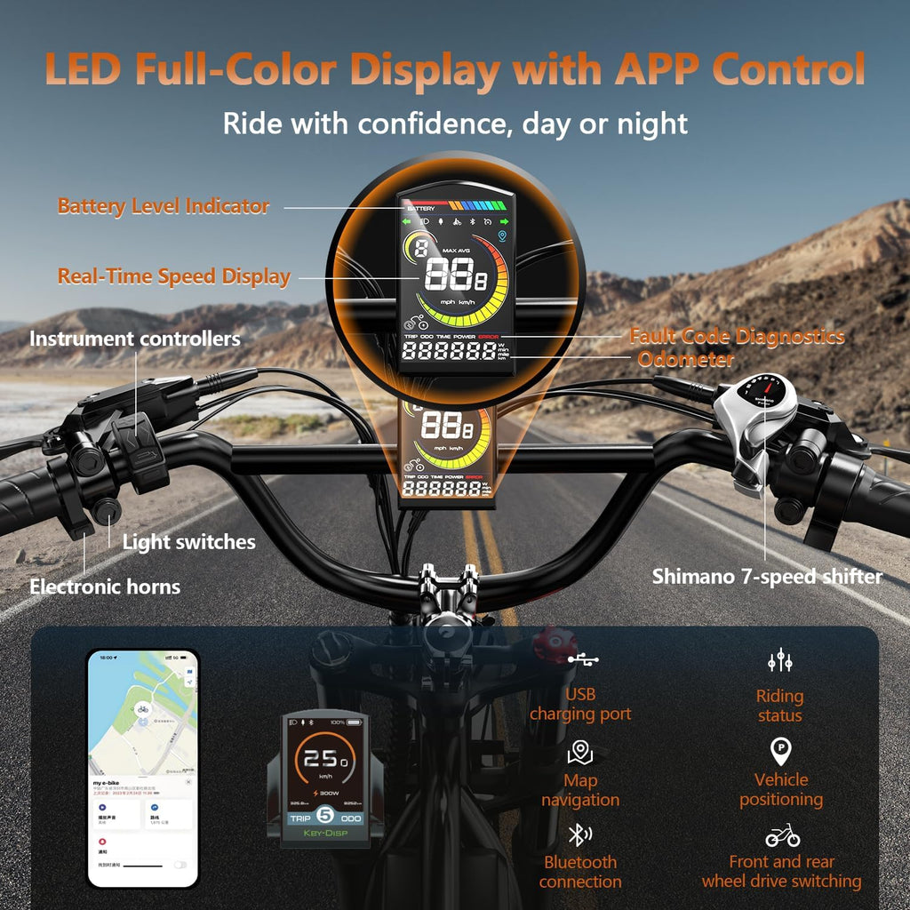 3000W/2000W Dual Motor/Single Motor Electric Bike for Adults, 48V 30AH/25AH Removable Battery Moped Style EBike, 30+MPH & 100 Miles 20' Fat Tires Electric Dirt Bike, Hydraulic Suspension Torque Sensor