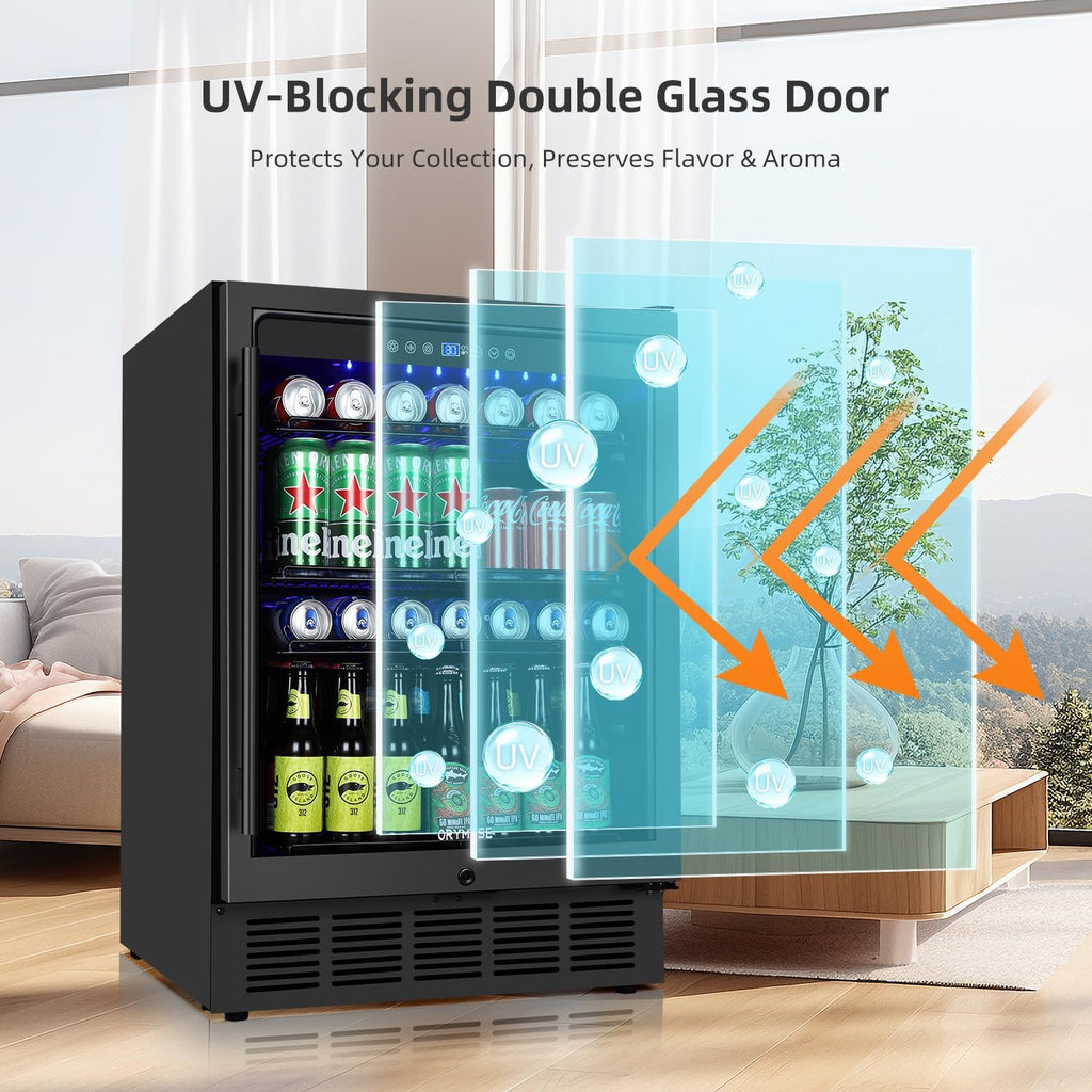 ORYMUSE Beverage Refrigerator 24 Inch, 180 Can Drink Fridge with Glass Door, Under Counter or Freestanding Beverage Cooler for Soda, Beer, Wine – Quiet Cooling for Kitchen, Bar, Office, Black