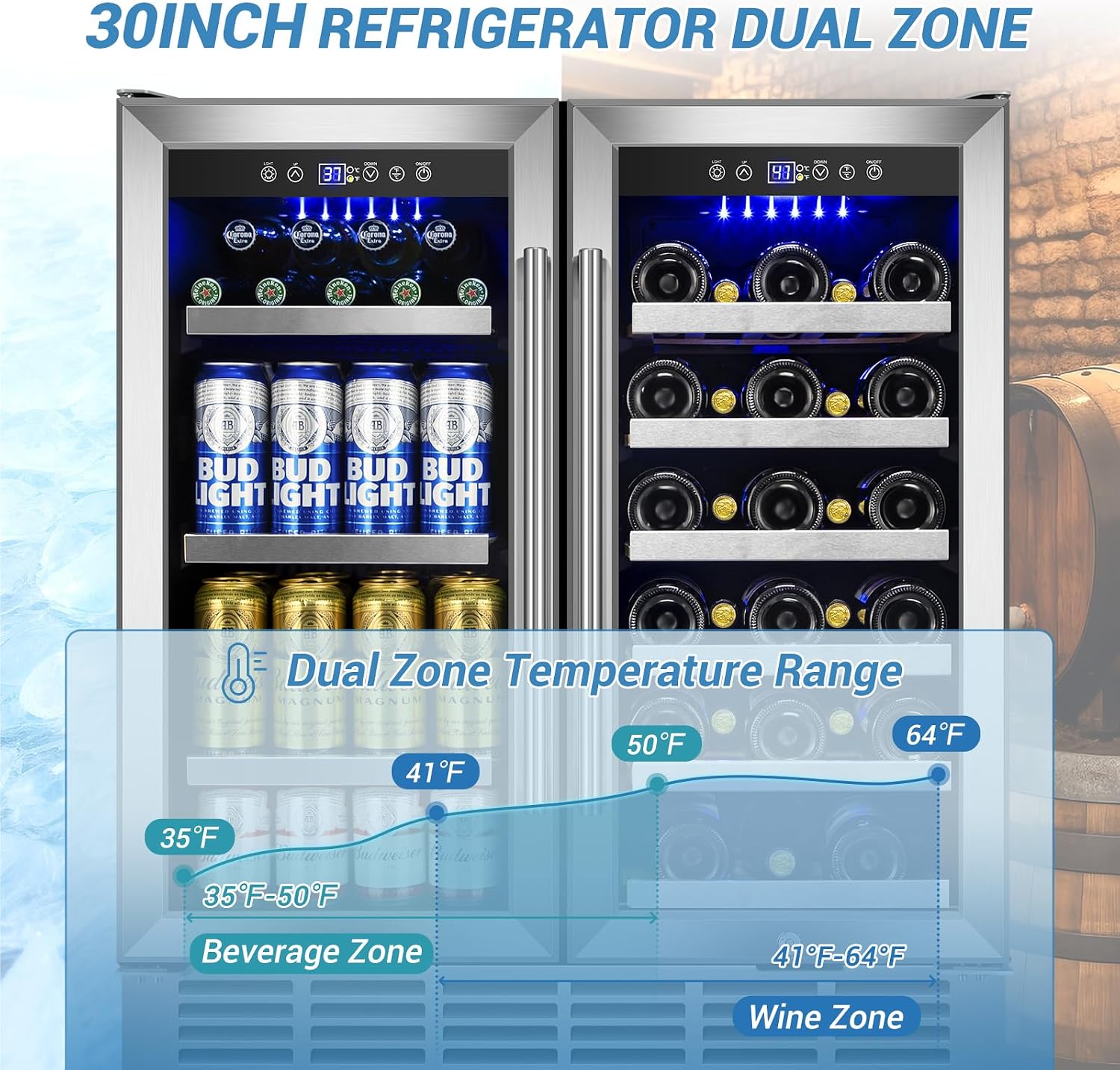 Velivi 30Inch Wine and Beverage Refrigerator - Dual Zone Beverage Cooler Under Counter, Holds Up to 30 Bottles & 90 Cans Drink and Beer Fridge Built-In for Home Kitchen Bar and Office