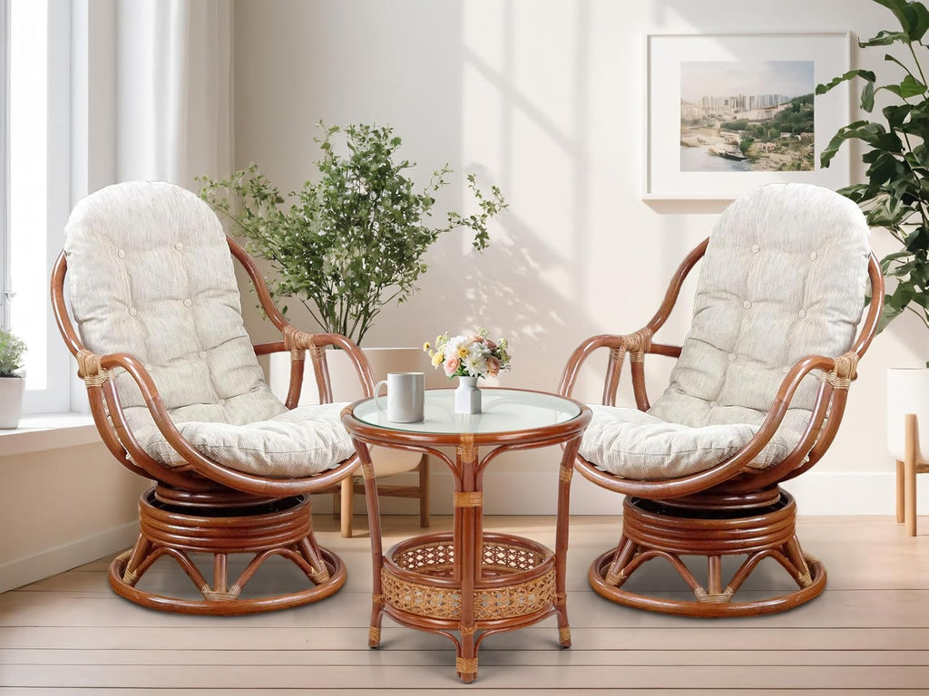 Bali Lounge Swivel Rocking Chair with Cream Cushion Natural Rattan Wicker Handmade, Colonial