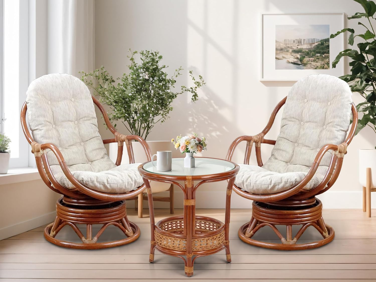Bali Lounge Swivel Rocking Chair with Cream Cushion Natural Rattan Wicker Handmade, Colonial