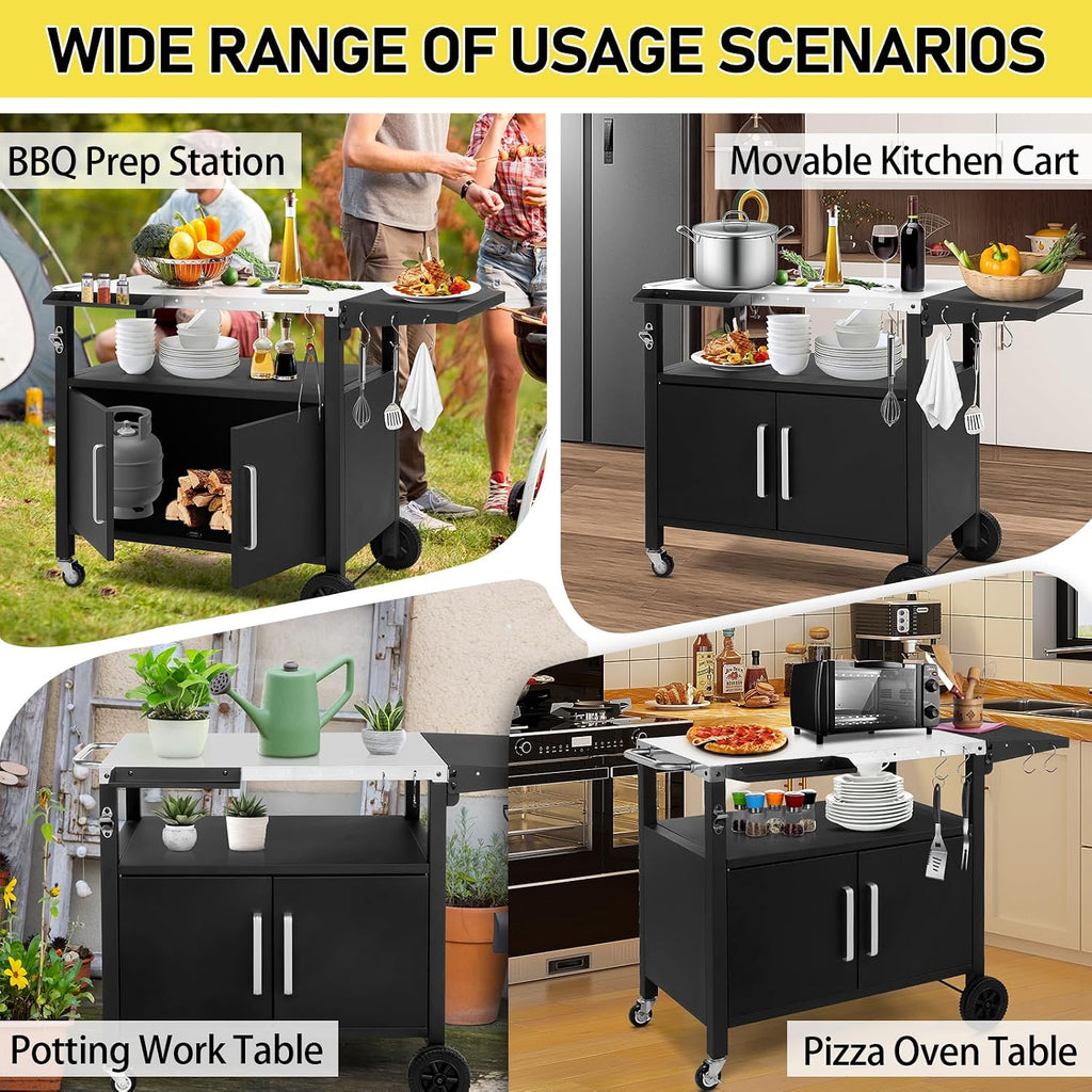 Outvita Outdoor Grill Cart with Storage, Bar Patio Kitchen Island Outdoor Grill Table, BBQ Cart Movable Pizza Oven Table Stand with Wheels, Stainless Steel Top, Side Handle & Storage Cabinet, Foldable