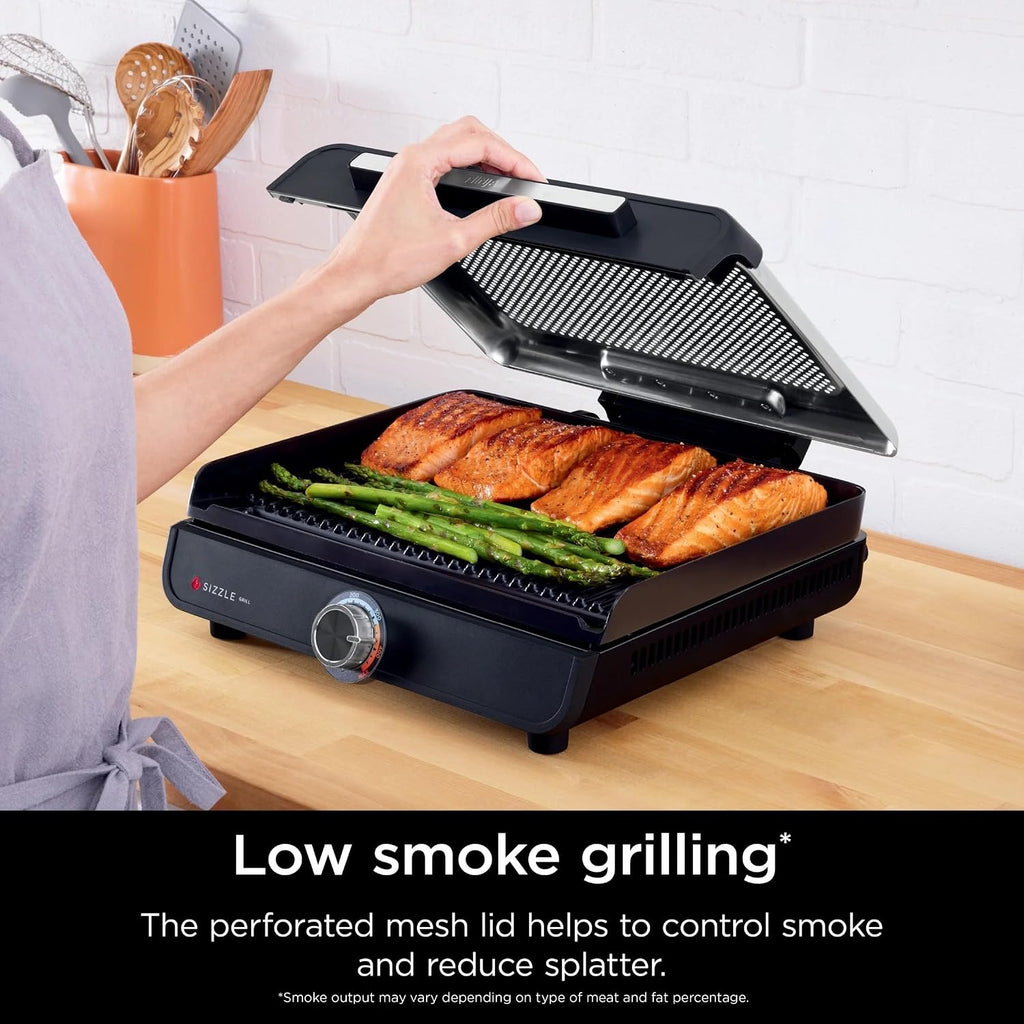 Sizzle GR100 Smokeless Indoor Grill, 500°F High Heat Kitchen Grill with Nonstick 14-Inch Plate, Low-Smoke Technology, Edge-to-Edge Heating, Family-Sized Capacity, Countertop Cooking Tool.