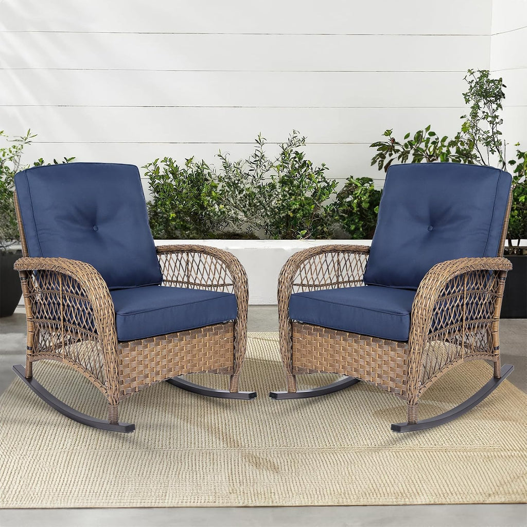 MEETWARM Outdoor Wicker Rocking Chairs Set of 2, Rattan Patio Rocker Chairs with Thick Cushions and High Back, All-Weather Patio Wicker Chair with Safe Rocking Design for Garden, Brown/Navy Blue