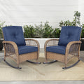 MEETWARM Outdoor Wicker Rocking Chairs Set of 2, Rattan Patio Rocker Chairs with Thick Cushions and High Back, All-Weather Patio Wicker Chair with Safe Rocking Design for Garden, Brown/Navy Blue
