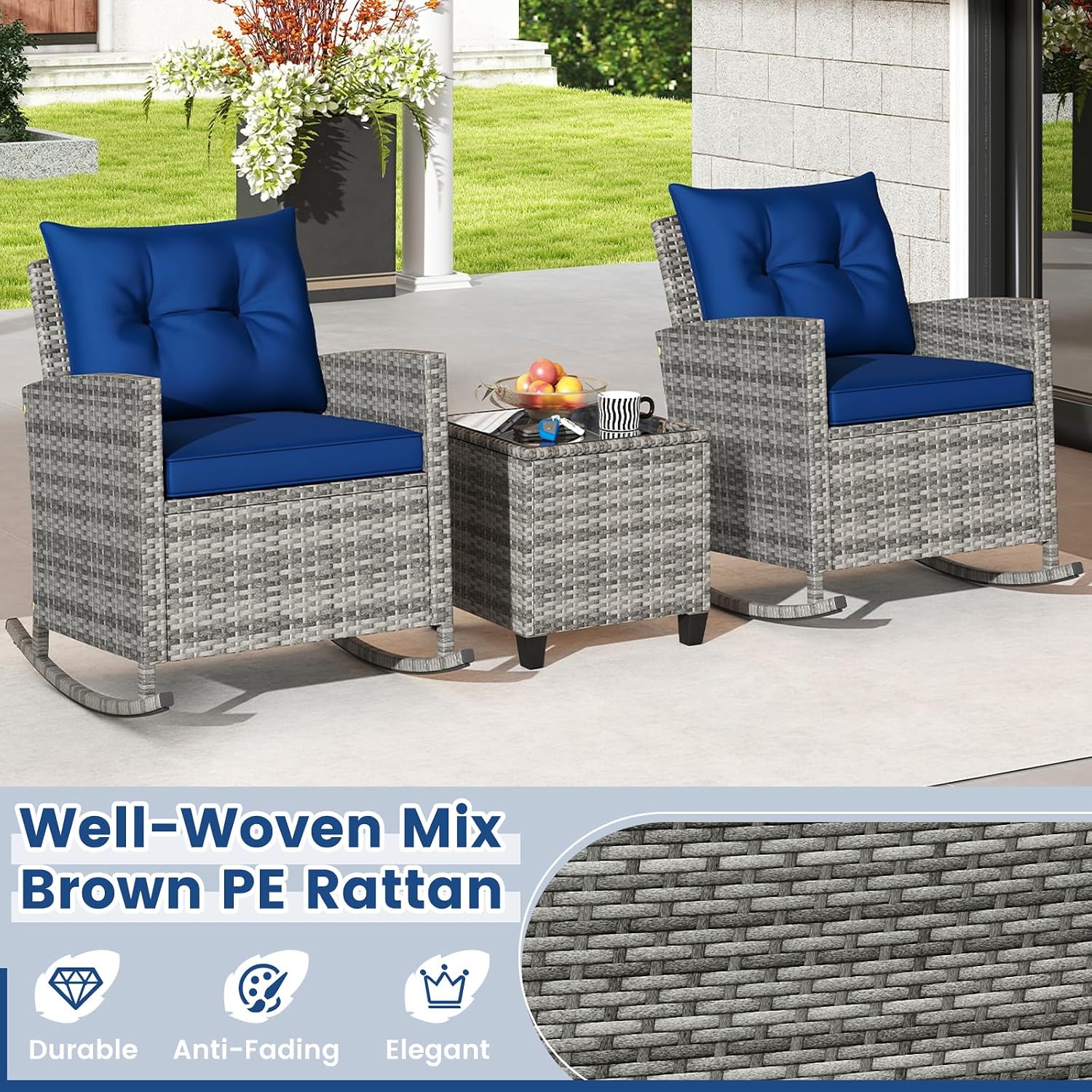 KOTEK 3 Piece Patio Furniture Rocking Bistro Set, Wicker Outdoor Rocking Chairs & Glass Table, PE Rattan Conversation Set for Porch, Balcony, Deck, Poolside (Mix Grey- Navy)